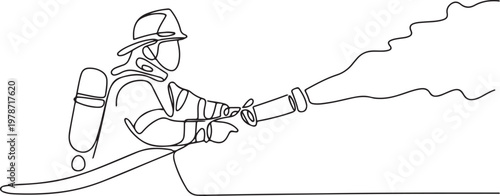 continuous one line art of a firefighter's profession doing his job and spraying water. One line draw graphic design vector