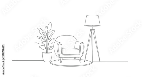 Minimalist line drawing depicts a comfortable armchair a tall floor lamp and a potted plant
