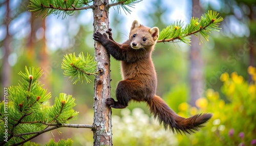 Red pine marten climbing conifer tree in sunlit spring forest with wildflowers
