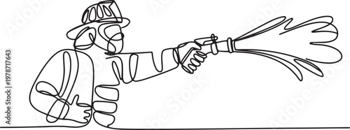 continuous one line art of a firefighter's profession doing his job and spraying water. One line draw graphic design vector