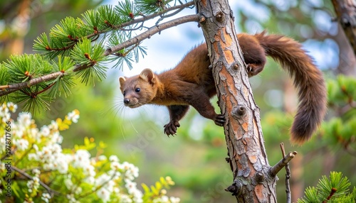 Red squirrel climbing pine tree in sunlit spring forest with fresh green foliage