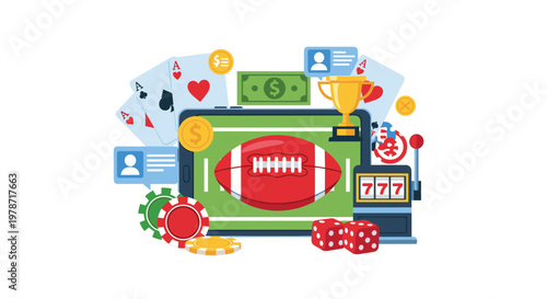 Digital tablet displays a football field interface surrounded by gambling icons like cards and chips in a clean and bright virtual betting environment.
