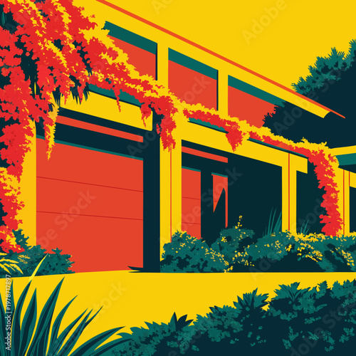 Brutalist concrete structure overgrown with bright purple bougainvillea, sharp shadows, retro-summer vibe. 1