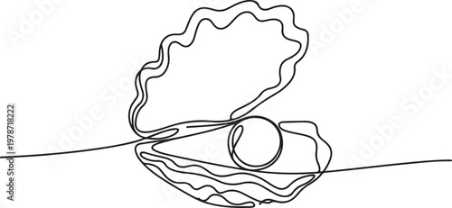 Continuous one line drawing of open oyster shell with pearl. One line draw graphic design vector