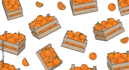 A repeating pattern of multiple wooden crates containing fresh oranges and loose orange slices is arranged across a clean and bright white background area.