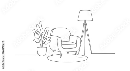 Minimalist line drawing depicts a comfortable armchair a potted plant and a tall floor lamp