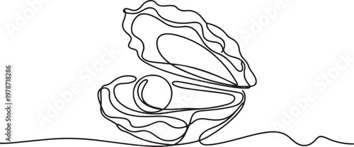 Continuous one line drawing of open oyster shell with pearl. One line draw graphic design vector