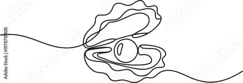 Continuous one line drawing of open oyster shell with pearl. One line draw graphic design vector