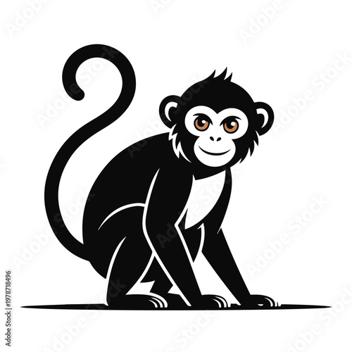 Black and white stylized vector illustration of a sitting monkey with a long curved tail looking towards the viewer