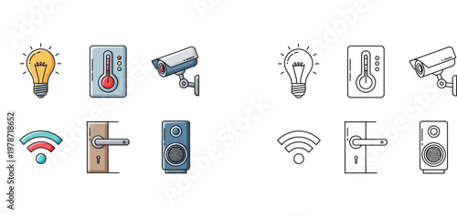 Smart Home Automation Vector Icon Set Color and Outline Styles Featuring Light Bulb, Thermostat, Security Camera, WiFi, Door Lock, and Smart Speaker