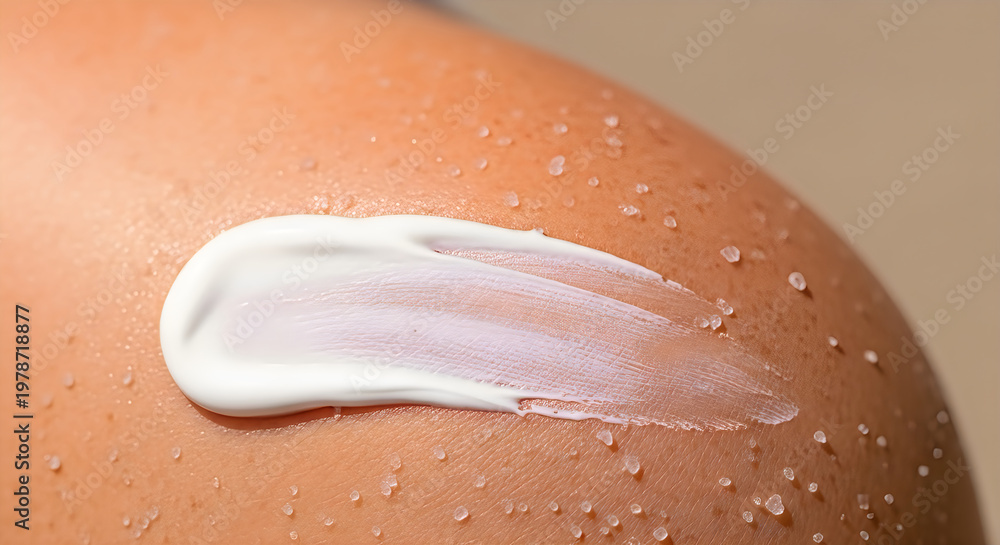 Fototapeta premium Moisturizing white cream applied to sun kissed skin with water droplets