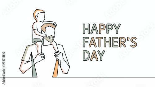 Father carrying son on shoulders continuous line drawing for Happy Fathers Day greeting card