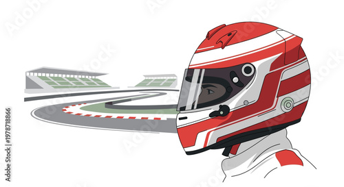 A focused race car driver wearing a detailed red and white helmet with a clear visor looks toward an empty racing circuit in a clean minimalist setting.