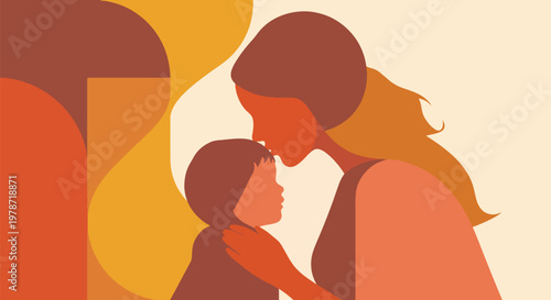 Abstract illustration of mother kissing childs forehead, warm color palette, symbolizing maternal love, family bond, and gentle affection