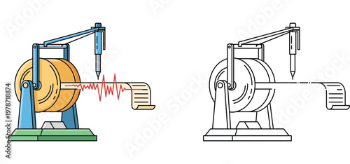 Seismograph Icon Set Featuring Flat Colored and Outline Vector Illustrations of Earthquake Measuring Device for Scientific Analysis