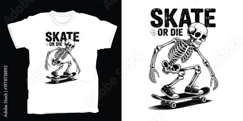 Skeleton skateboarding vintage t-shirt design with skate or die grunge lettering.
