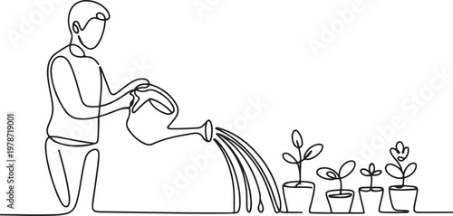 Continuous one line drawing water the plants to maintain a good environment. World environment day concept. One line draw graphic design vector