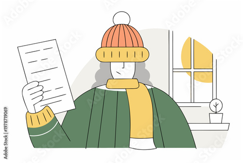 Woman in winter clothes holding bill in cold home, energy crisis and utility expense concept. Flat vector illustration for app, web design