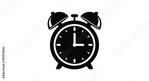 A classic black alarm clock with dual bells is prominently displayed against a plain white background silhouette