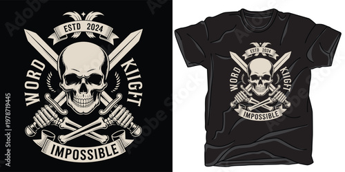 Warrior skull with crossed swords and medieval knight armor for apparel graphic.