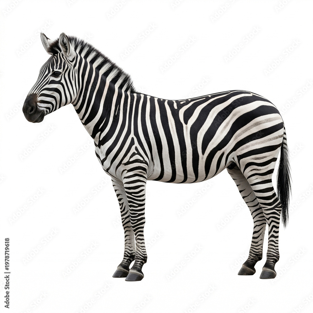 Obraz premium Zebra standing calmly with black and white stripes on white background 