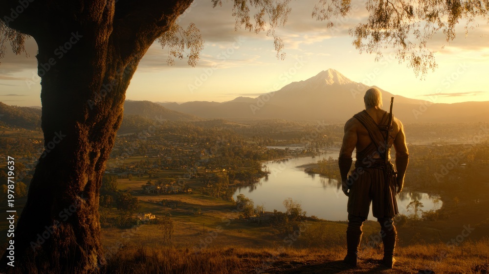Fototapeta premium Warrior Stands in Awe of Majestic Mountain Landscape at Sunset Over Calm Lake and Lush Fields