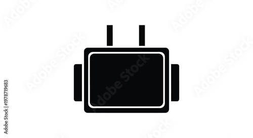 A minimalist depiction of a robotic form with a rectangular body and cylindrical arms presented as a silhouette