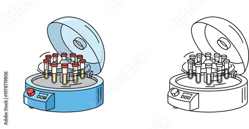 Laboratory Centrifuge Icon Set Featuring Colored and Outline Vector Illustrations of Medical Testing Equipment with Test Tubes for Scientific and Clinical Research