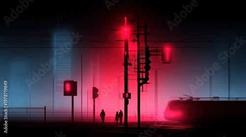 Night scene with illuminated railway signals and silhouettes of people in a foggy urban environment