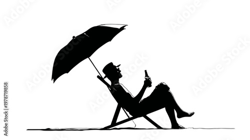 Silhouette of a Person Relaxing in a Beach Chair with an Umbrella in Leisure Outdoor Scene