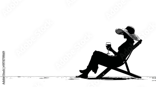Silhouette of a Person Relaxing in a Beach Chair with an Umbrella in Leisure Outdoor Scene