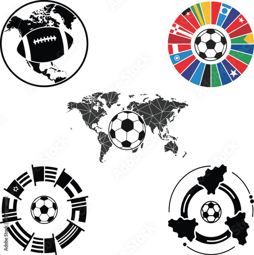 Global Sports Icons Featuring Soccer and Football Logos Worldwide