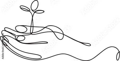 Hands hold sprout continuous line drawing. Plant in human arm one line art. One line draw graphic design vector