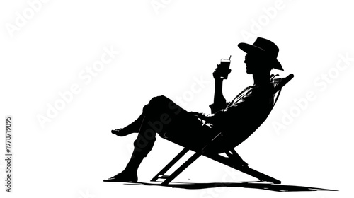 Silhouette of a Person Relaxing in a Beach Chair with an Umbrella in Leisure Outdoor Scene