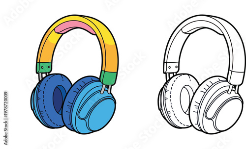 Colorful over-ear headphones and black and white line art version for coloring book vector illustration