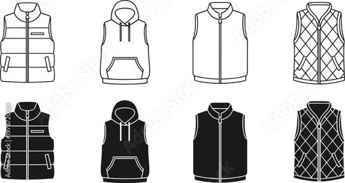 Black silhouette and outline vector icons of sleeveless outerwear, padded vest, hoodie, quilted vest, fashion garment design, clothing illustration artwork