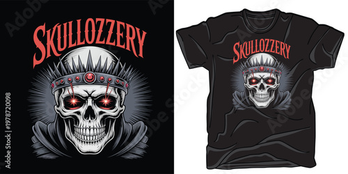 Skullozzery crown skull with glowing red eyes and spiky tiara for fantasy merch.