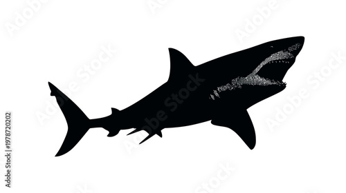 Silhouette of a Shark with Open Mouth and Pointed Fins in Dynamic Ocean Scene