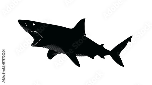 Silhouette of a Shark with Open Mouth and Pointed Fins in Dynamic Ocean Scene
