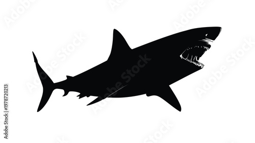Silhouette of a Shark with Open Mouth and Pointed Fins in Dynamic Ocean Scene