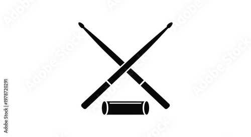 A striking black graphic depicts crossed drumsticks and a snare drum creating a minimalist silhouette high quality professional