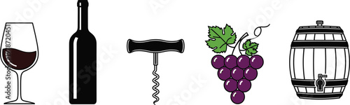 Wine vector icons of glass, bottle, corkscrew, grapes, barrel, vineyard elements, winemaking process, beverage illustration, alcohol design, minimal style artwork