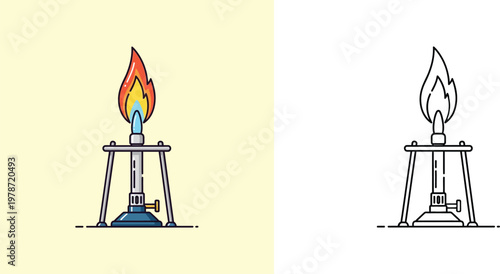 Bunsen Burner Icon Set Featuring Flat Colored and Outline Vector Illustrations of Laboratory Heating Equipment for Chemical Experiments and Scientific Research