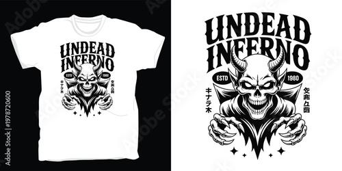A white t shirt mockup reveals a demonic skull with horns and claws in fierce pose while text roars undead inferno in ancient script.