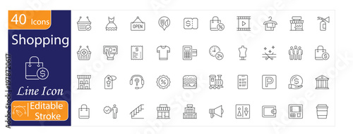 Shopping Icons Set, Retail, Shopping Cart, Store, Purchase, Product Selection, Payment, Consumer Activity, Editable Stroke Vector Illustration.