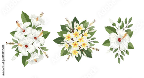 White Hibiscus and Plumeria Flower Arrangements with Green Leaves and Brown Stems