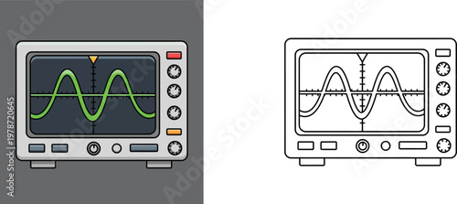 Oscilloscope Icon Set Featuring Flat Colored and Outline Vector Illustrations of Electronic Measuring Device with Waveform Display for Science and Engineering