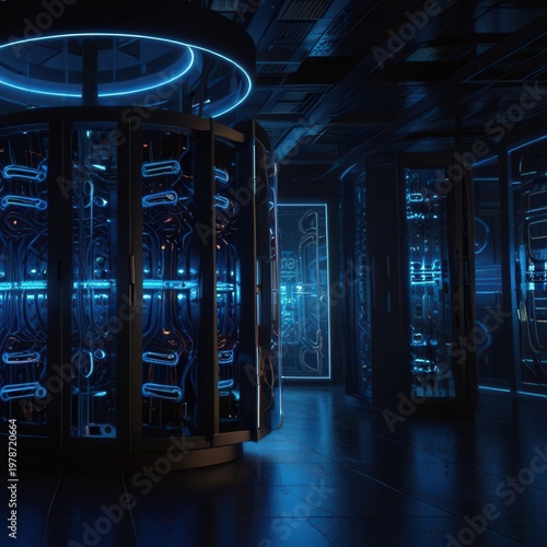 Massive Data Core Facility With Central Server Towers and Glowing Blue Energy Network