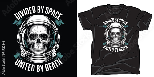 A black t shirt mockup features an astronaut skull in helmet with fins as text states divided by space united by death in cosmic style.