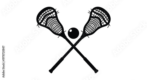 Two crossed lacrosse sticks and a ball are depicted in a striking minimalist black design silhouette high quality